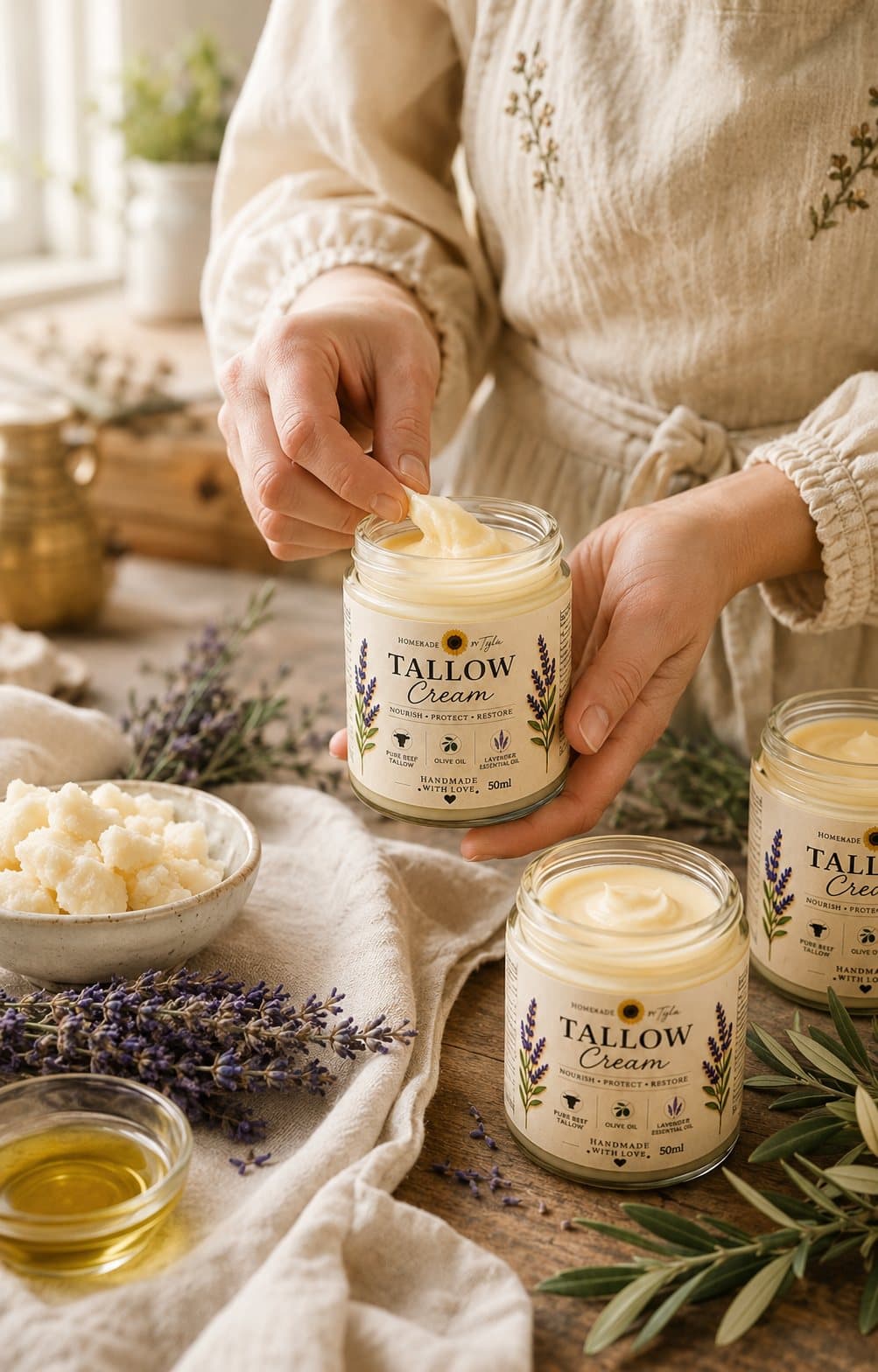 Tyla filling a jar of handmade tallow cream, surrounded by lavender and natural ingredients